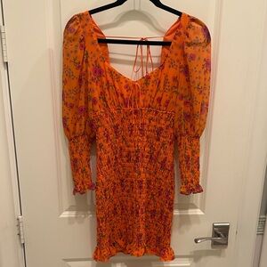 For Love & Lemons Orange Pink Peony Floral Smocked Mini Dress XS